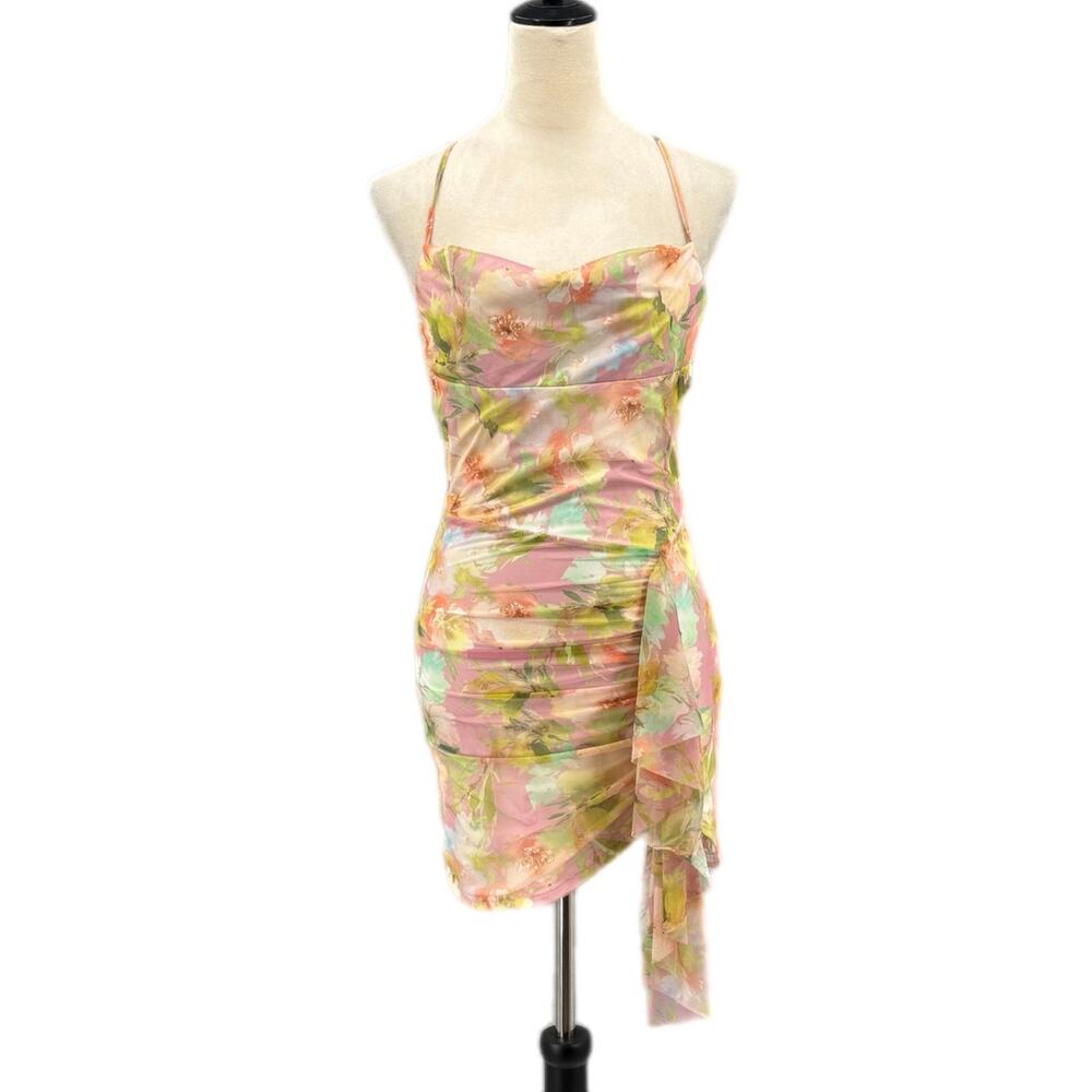 Edit by Nine Open Back Ruched Ruffle Sleeveless Mesh Floral Stretch Mini Dress